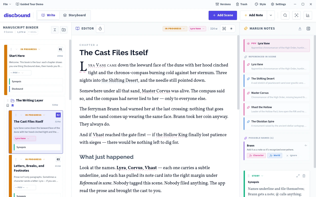 Discbound editor — a focused manuscript view with chapter navigation and writing tools