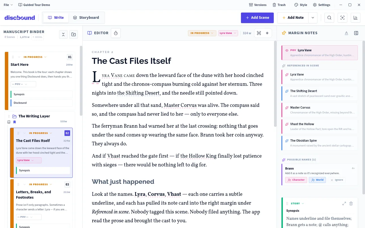 Discbound editor — a focused manuscript view with chapter navigation and writing tools