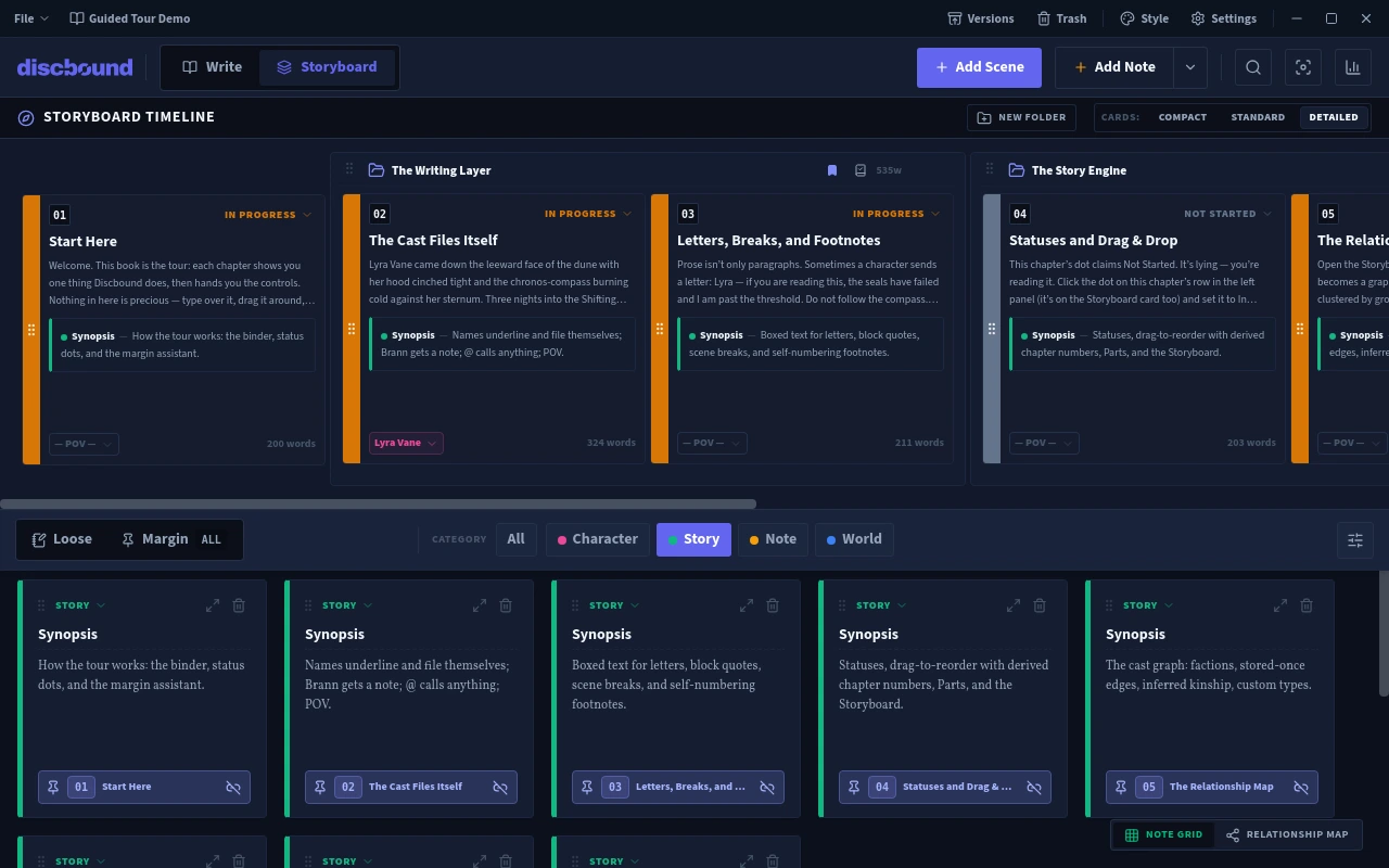Discbound storyboard — a chapter timeline with word counts, statuses, and note cards