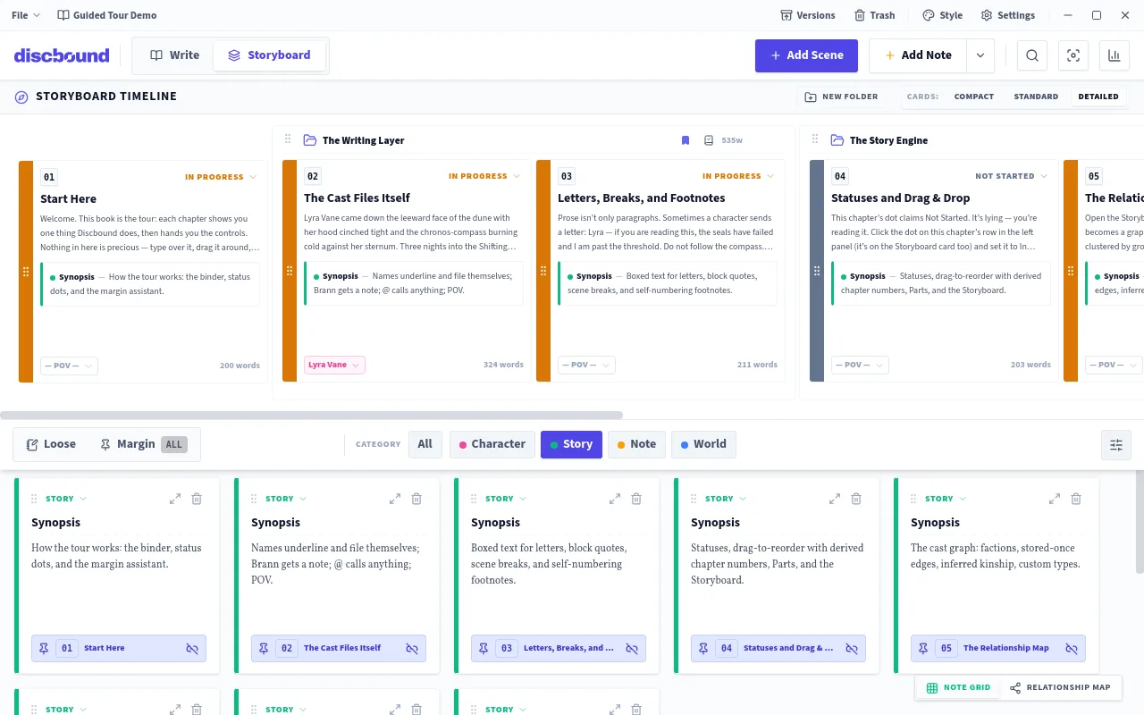 Discbound storyboard — a chapter timeline with word counts, statuses, and note cards